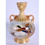 Royal Worcester vase painted Mallard ducks by James Stinton, signed. 15.5cm high