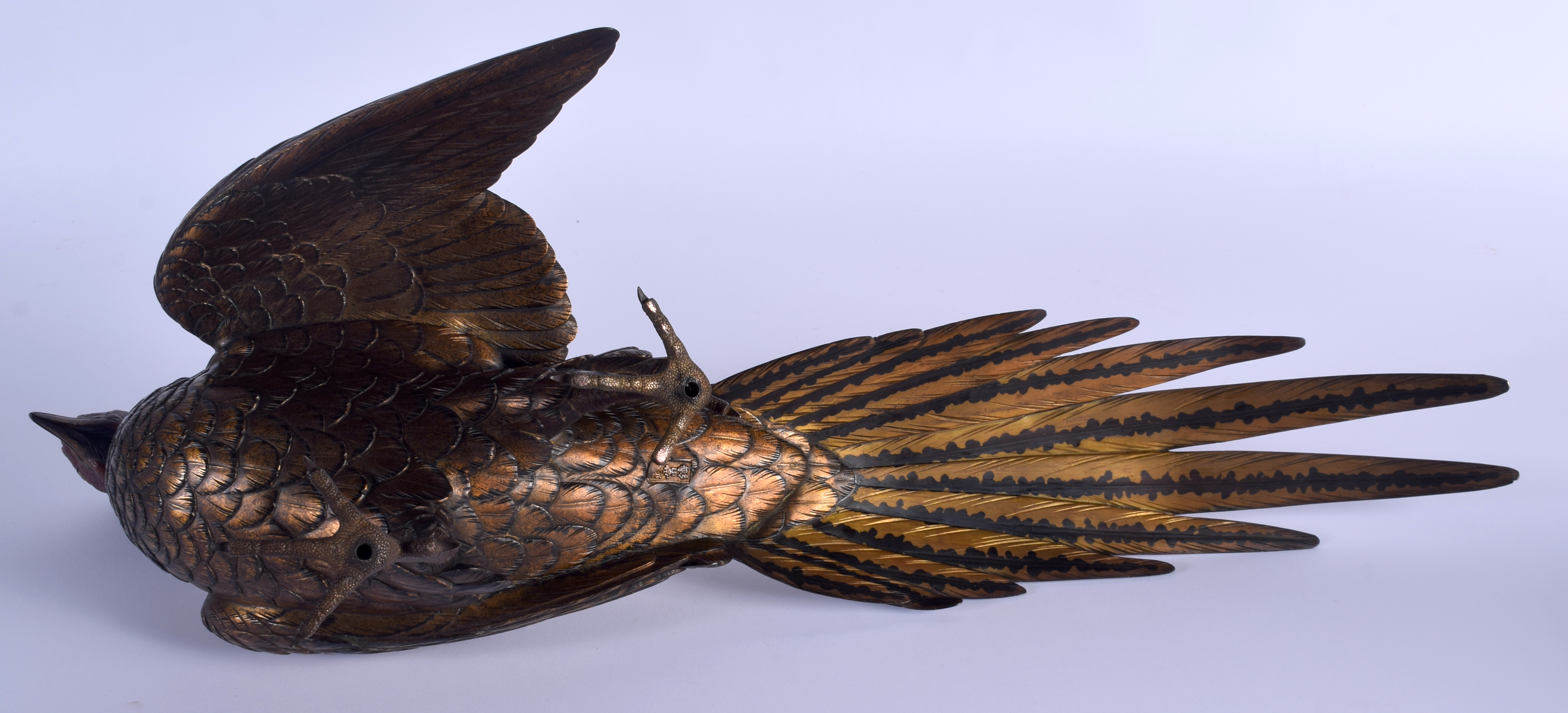 A 19TH CENTURY JAPANESE PATINATED BRONZE FIGURE OF A ROAMING PHEASANT of naturalistic form, modelled - Image 6 of 9