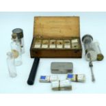 A collection of vintage medical syringes, thermometer and a set of microscope slides Qty.