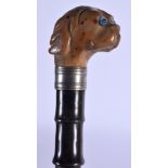 A RARE 19TH CENTURY CONTINENTAL CARVED FULL LENGTH RHINOCEROS HORN WALKING CANE with dog head termin