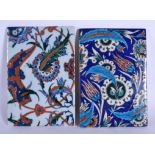 A PAIR OF MIDDLE EASTERN TURKISH IZNIK TILES painted with foliage. 24 cm x 18 cm.