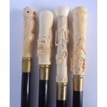 FOUR CONTINENTAL CARVED BONE WALKING CANES with ebonised shafts. Largest 95 cm long. (4)