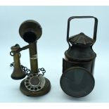 A vintage Collins Railway signal Lamp 1917 together with a vintage brass telephone 32cm (2)