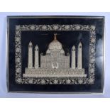 A VINTAGE INDIAN SILVER AND GOLD THREAD EMBROIDERY OF THE TAJ MAHAL. Image 36 cm x 28 cm.