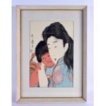 A 19TH CENTURY JAPANESE MEIJI PERIOD WOODBLOCK PRINT depicting two figures. Image 35 cm x 24 cm.