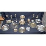 Collection of silver plate items candle sticks ,trays, ice bucket etc Qty.