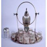 A VERY RARE ANTIQUE SILVER PLATED NOVELTY DECANTER SET ON STAND formed as a parrot perched upon a sw