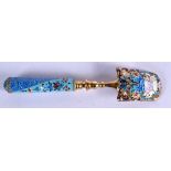 AN UNUSUAL CONTINENTAL SILVER AND ENAMEL SPOON possibly a Cheese scoop, painted with a swan amongst