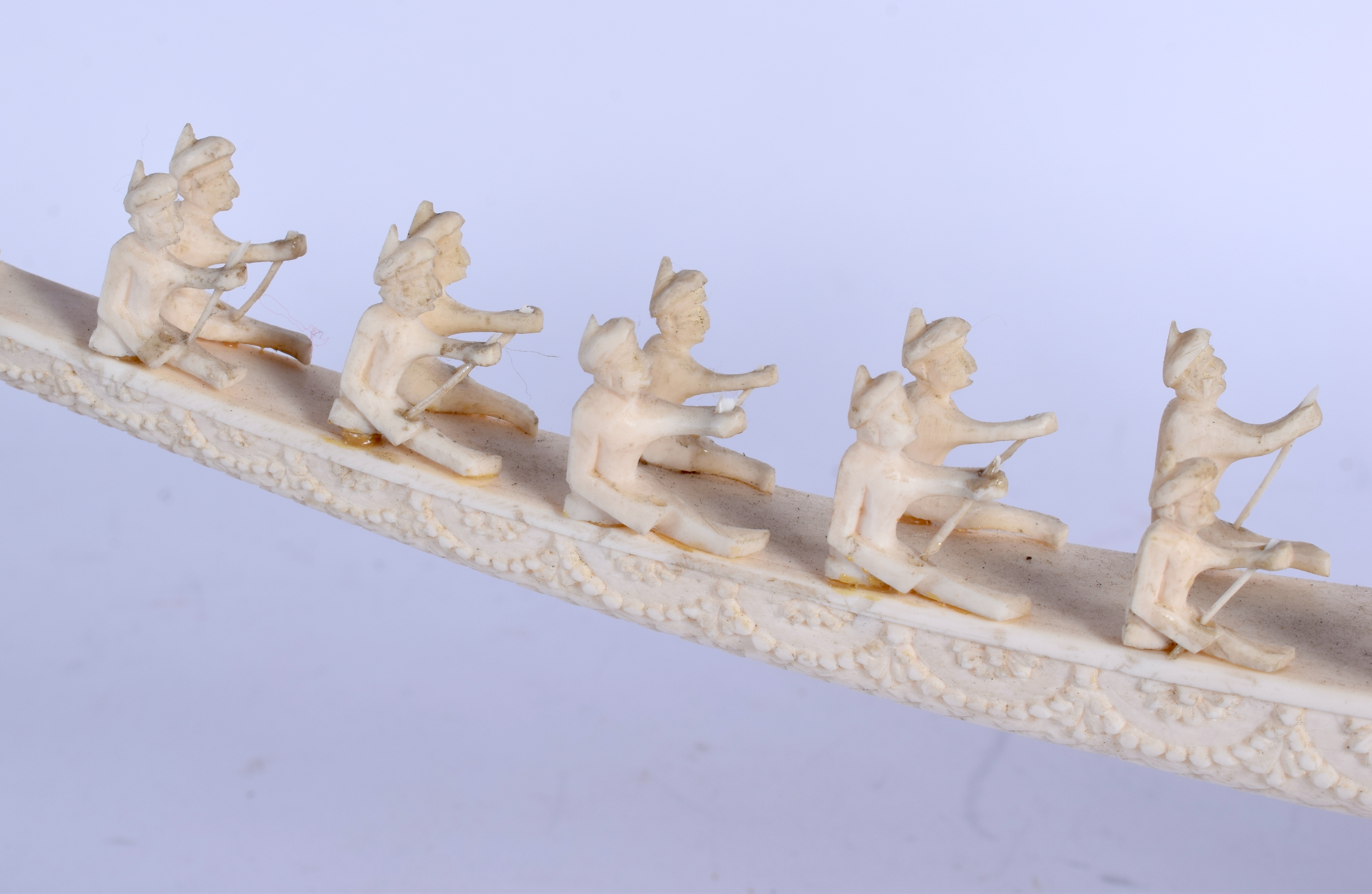 A 19TH CENTURY ANGLO INDIAN CARVED IVORY PROCESSIONAL BOAT decorated with figures and foliage. 45 cm - Image 6 of 6