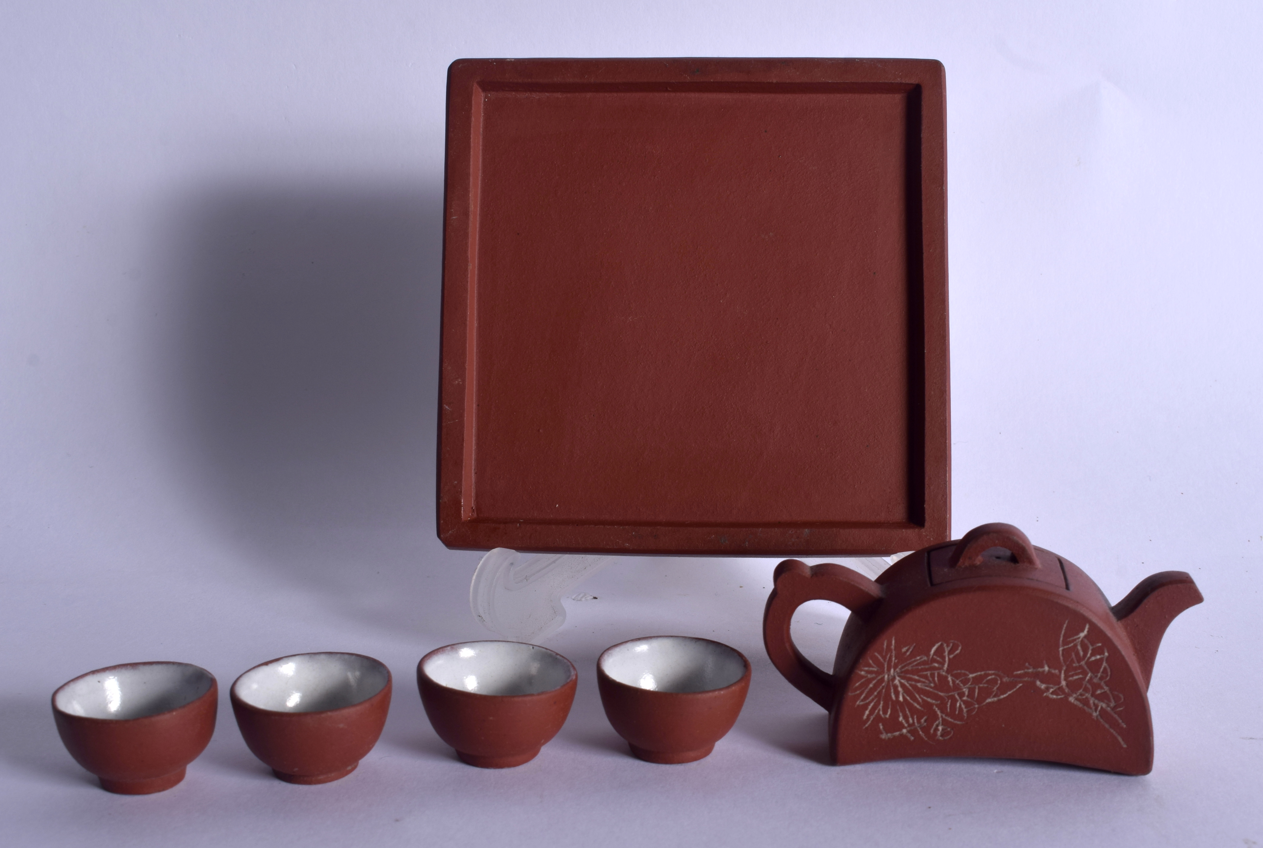 A VERY RARE EARLY 20TH CENTURY CHINESE MINIATURE YIXING TEASET upon a tray. Tray 9.25 cm square. (6) - Image 2 of 3