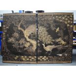 A LARGE 19TH CENTURY JAPANESE MEIJI PERIOD EMBROIDERED DOUBLE SCREEN decorated with birds and landsc