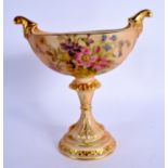 Royal Worcester pedestal boat shape vase painted with coloured flowers on a blush ivory ground date