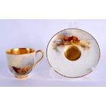 Royal Worcester demi tasse teacup and saucer painted with highland cattle by Harry Stinton, signed,