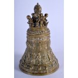 AN 18TH/19TH EUROPEAN GILT BRONZE BELL decorated with figures in various pursuits. 13 cm high.