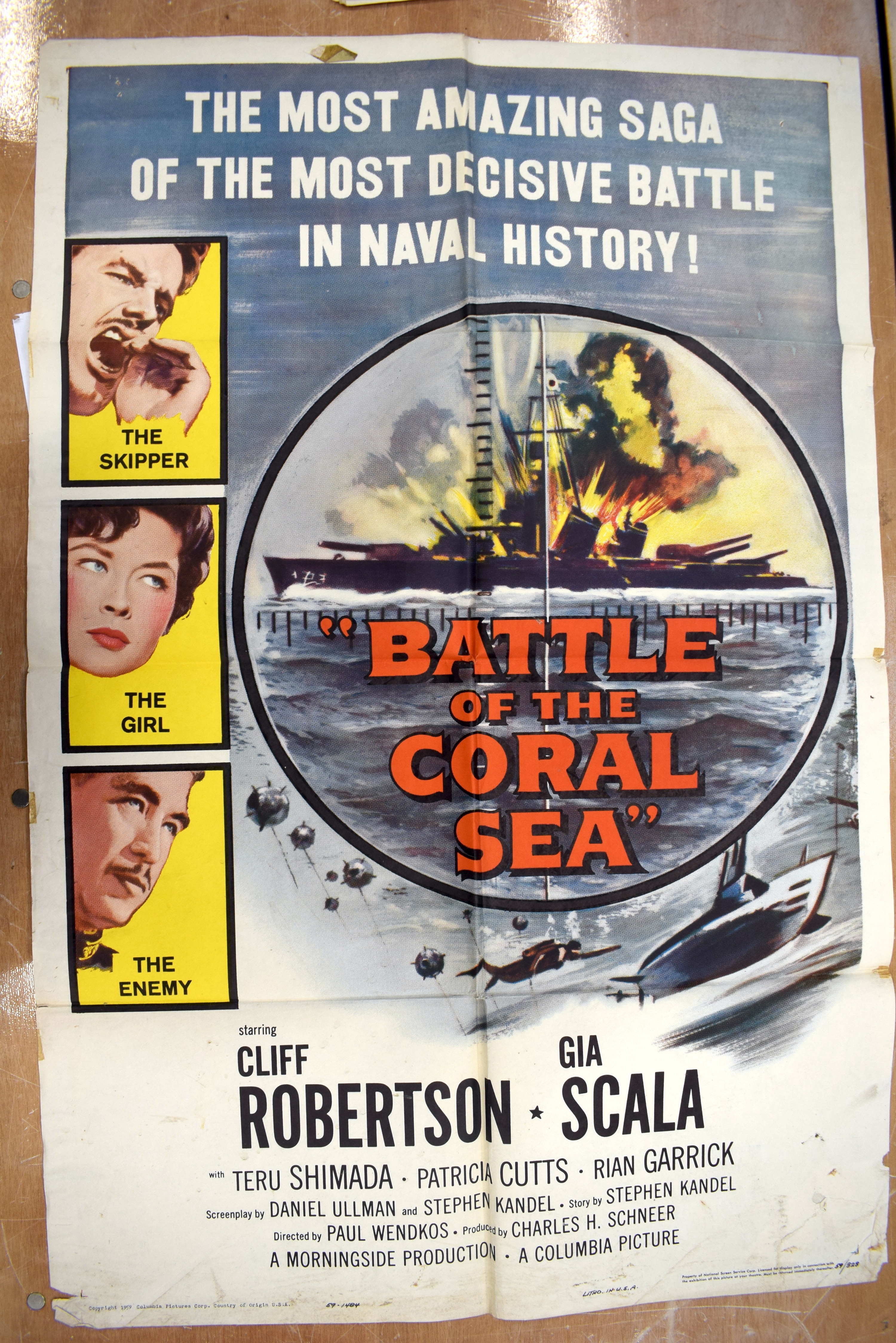 BATTLE OF THE CORAL SEA movie poster, 1959, horizontal, and vertical folds, 105 cm x 68 cm, THE SHAD