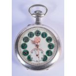 AN ART DECO GREEN ENAMELLED MESSAGGERO POCKET WATCH. 5.5 cm wide.