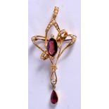 AN ART NOUVEAU 15CT GOLD PEARL GARNET BROOCH. 5 grams. 4 cm x 3 cm.