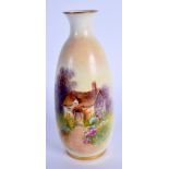 Royal Worcester slender ovoid vase painted by R Rushton, signed with a thatched cottage with floweri