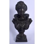 A 19TH CENTURY EUROPEAN PATINATED METAL BUST OF A FEMALE modelled upon a square form base. 23.5 cm h