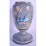 A LATE VICTORIAN/EDWARDIAN ENAMELLED GREY PURPLE GLASS OIL LAMP BASE decorated with a bird. 27 cm hi