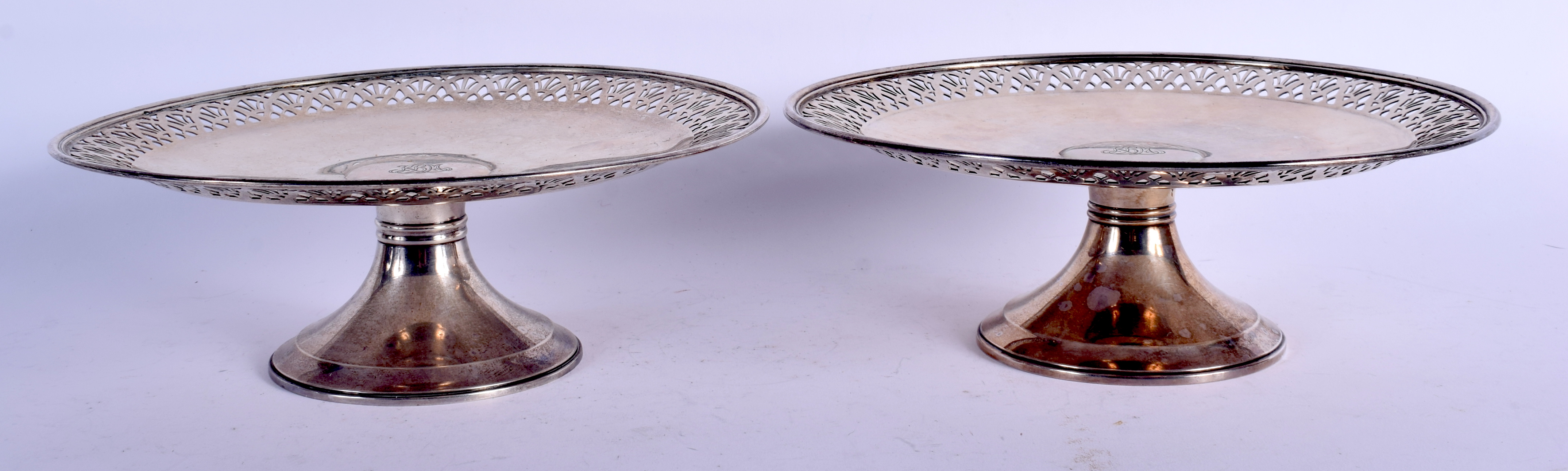 A PAIR OF TIFFANY & CO STERLING SILVER PEDESTAL TAZZA. 1054 grams. 24 cm x 5 cm.