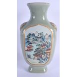 AN EARLY 20TH CENTURY CHINESE CELADON GLAZED PORCELAIN VASE Late Qing/Republic, enamelled with lands