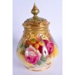 Royal Worcester pot pourri and cover painted with roses by Millie Hunt, signed date code 1937. 16cm