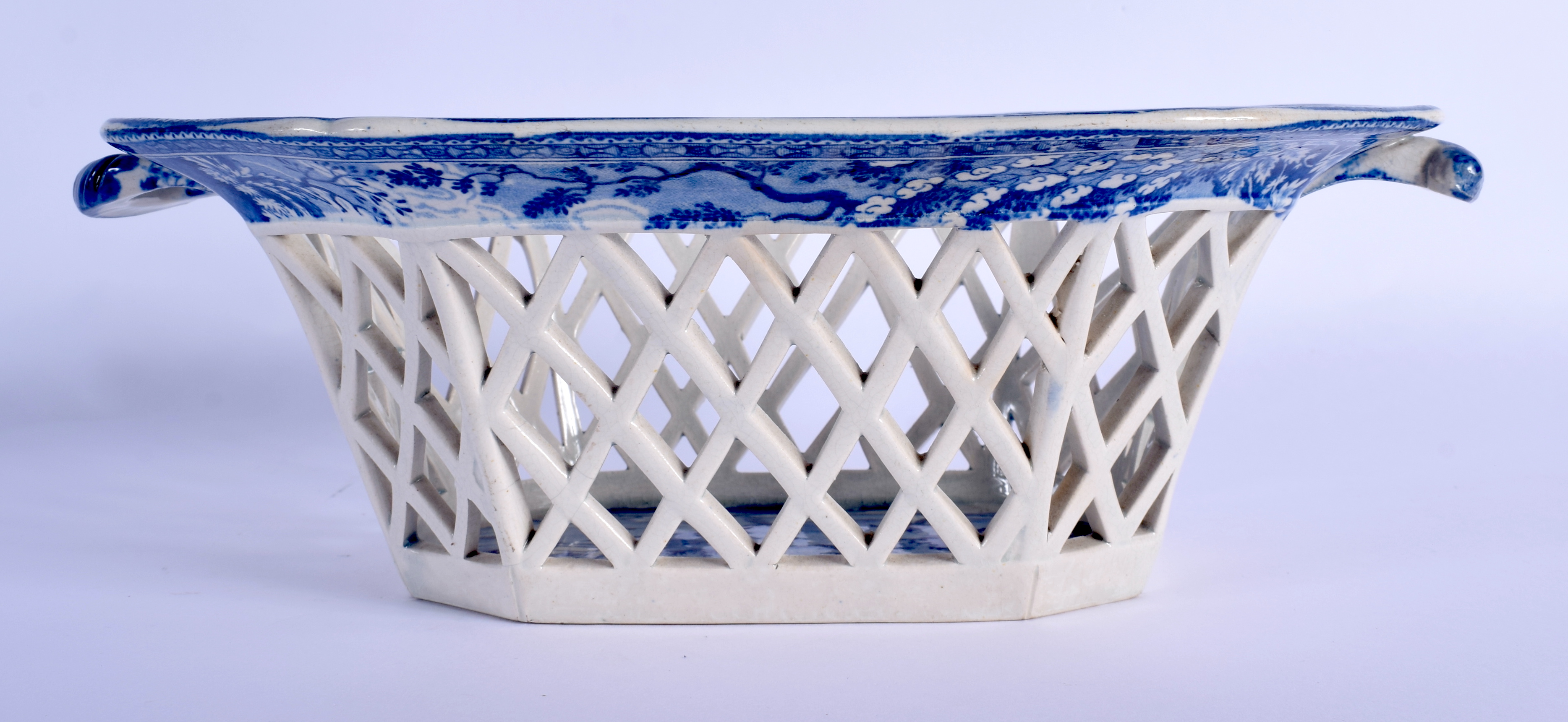 A RARE 19TH CENTURY SPODE BLUE AND WHITE CHESTNUT BASKET on stand, decorated to the interior unusual - Image 2 of 8