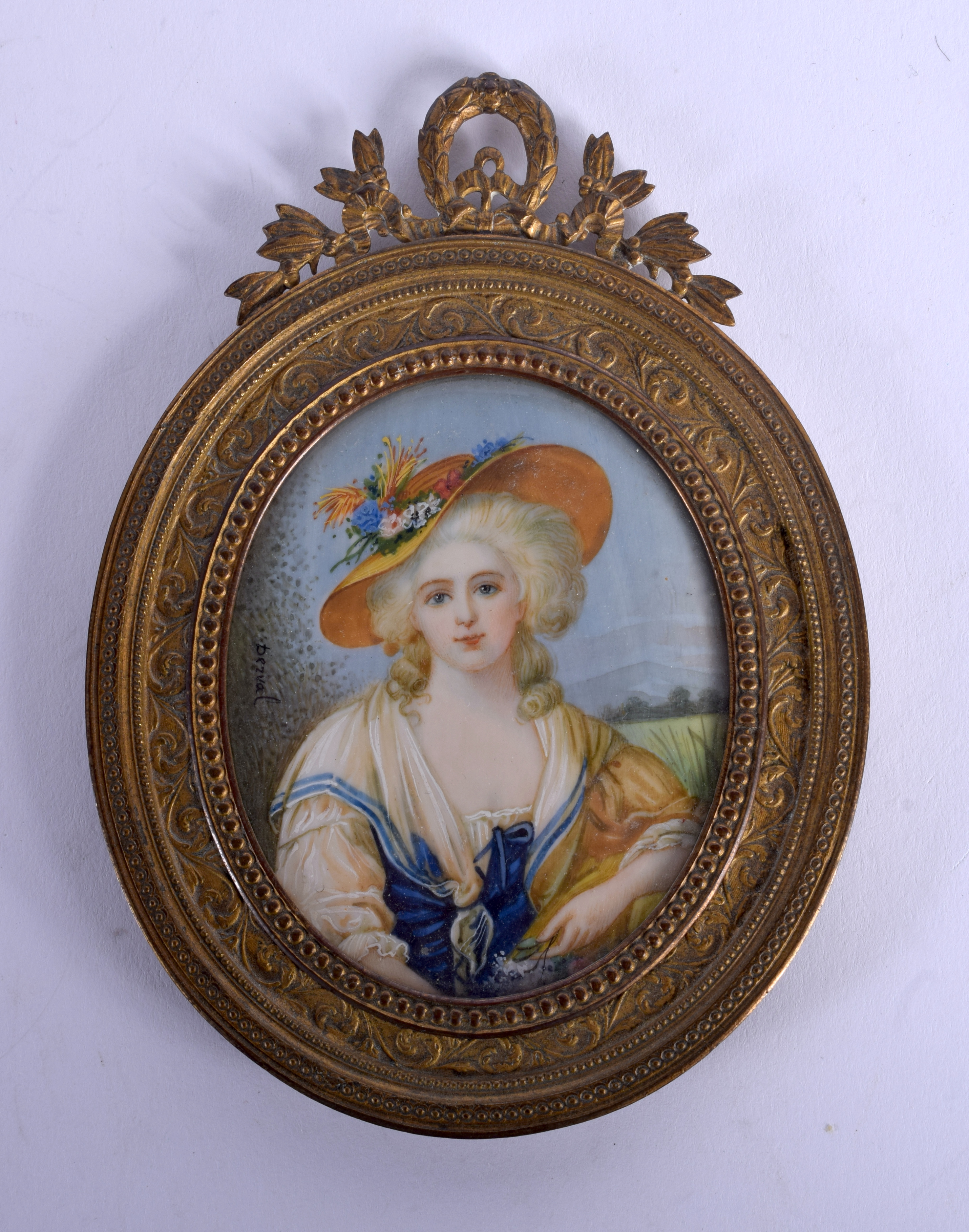 AN ANTIQUE PAINTED IVORY PORTRAIT MINIATURE. Image 7 cm x 5.5 cm.