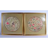 A PAIR OF EARLY 20TH CENTURY CHINESE SILK WORK EMBROIDERED PANELS Late Qing. Silk 35 cm diameter.