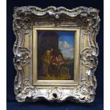 A framed 19th Century Dutch school oil on board of a tradesman and a female 22 x 16cm.