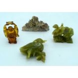 A carved hard stone group together with a jadeite duck and a buddha 13cm (4)