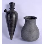 A MIDDLE EASTERN INDIAN MUGHAL ISLAMIC HUKKAH PIPE BASE and a bidri pot. Largest 23 cm long. (2)