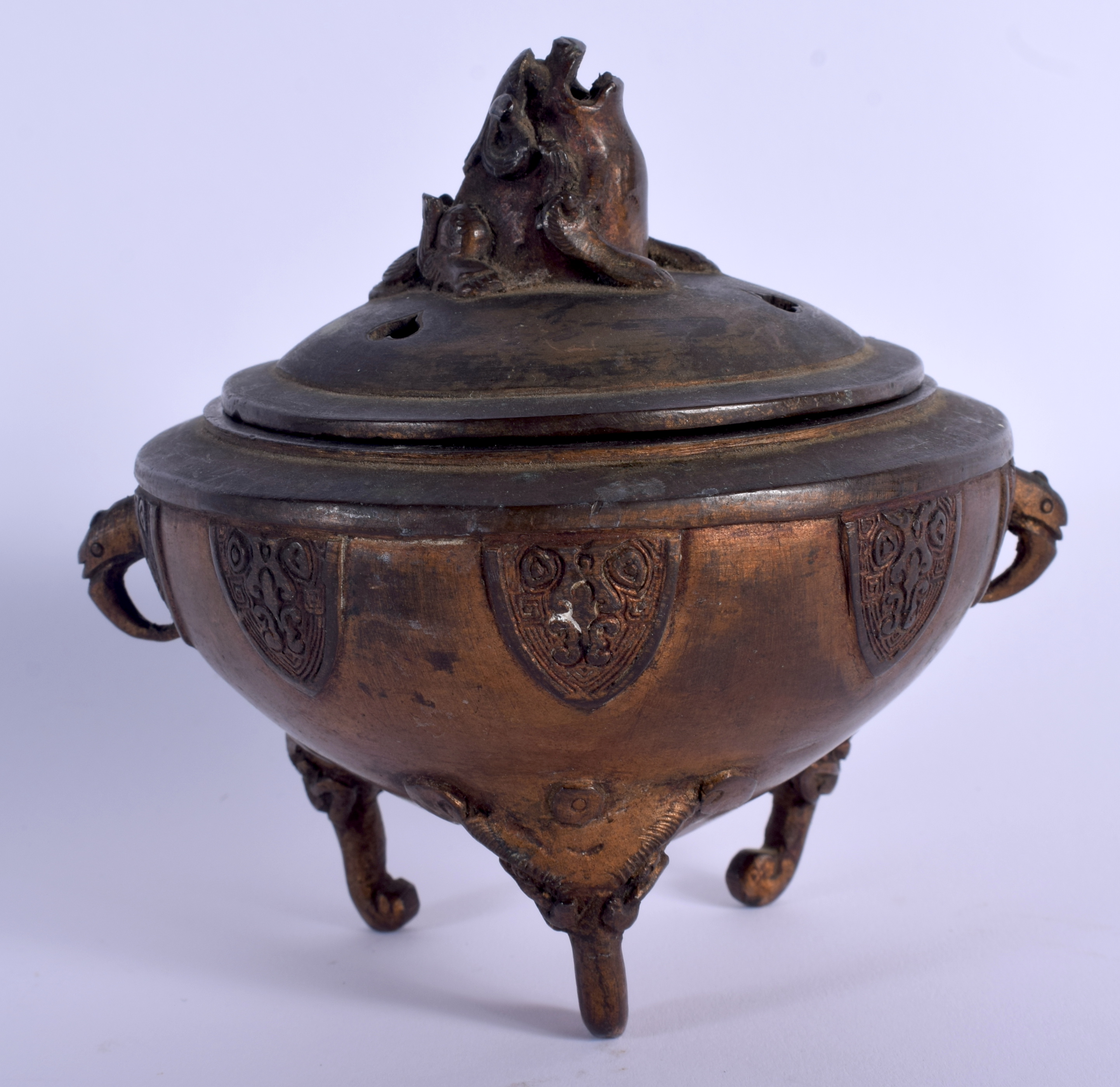 A 19TH CENTURY JAPANESE MEIJI PERIOD BRONZE CENSER AND COVER with foo dog finial. 12 cm x 10 cm.