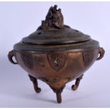 A 19TH CENTURY JAPANESE MEIJI PERIOD BRONZE CENSER AND COVER with foo dog finial. 12 cm x 10 cm.