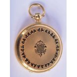 AN ANTIQUE 18CT GOLD FULL HUNTER FOB WATCH enamelled with black foliage. 53 grams overall.
