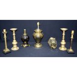 Collection of brass lamp bases, candle sticks and hanging lights largest 47cm. Qty.