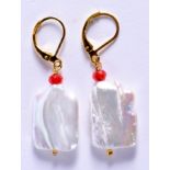 A PAIR OF PEARL AND CORAL EARRINGS. 3 cm x 1.5 cm.