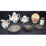 Collection of Oriental wares, Japanese Coffee pot, metal bowls, Ginger jar Qty.