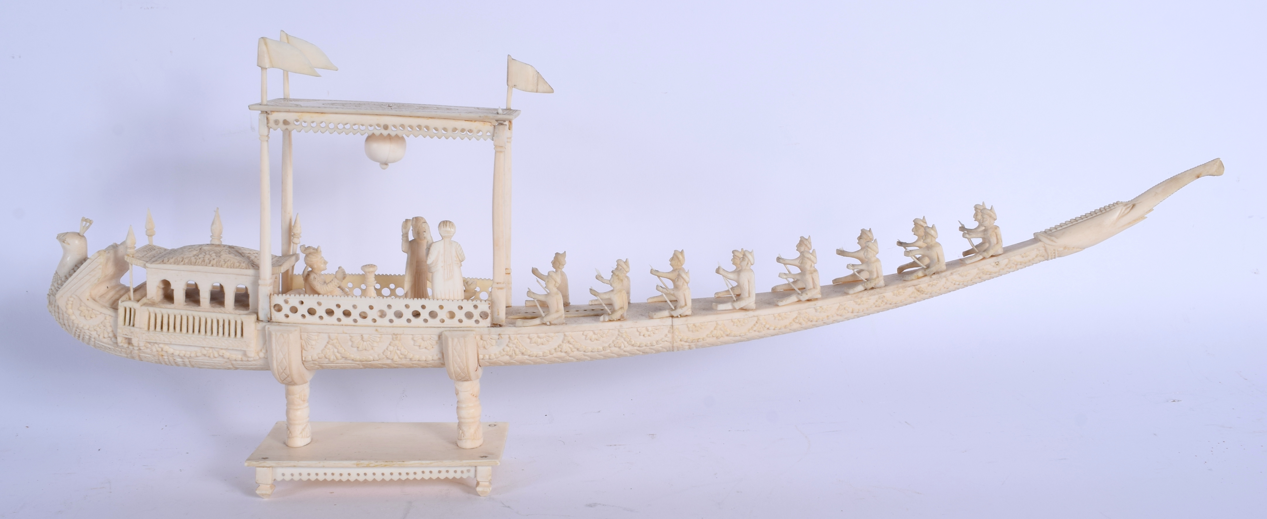 A 19TH CENTURY ANGLO INDIAN CARVED IVORY PROCESSIONAL BOAT decorated with figures and foliage. 45 cm - Image 2 of 6