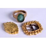A GEORGE III EMERALD RING and two others. 11 grams. (3)