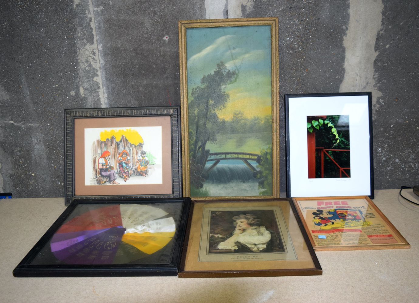 Miscellaneous collection of pictures , Oil on board, prints etc 66 x 30cm (6) .