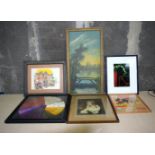 Miscellaneous collection of pictures , Oil on board, prints etc 66 x 30cm (6) .
