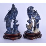 A PAIR OF EARLY 20TH CENTURY CHINESE CARVED LAPIS LAZULI BIRDS Late Qing, upon hardwood bases. Lapis