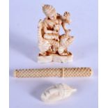 A 19TH CENTURY ANGLO INDIAN CARVED BONE BUDDHISTIC DEITY together with two others. Largest 9 cm lon