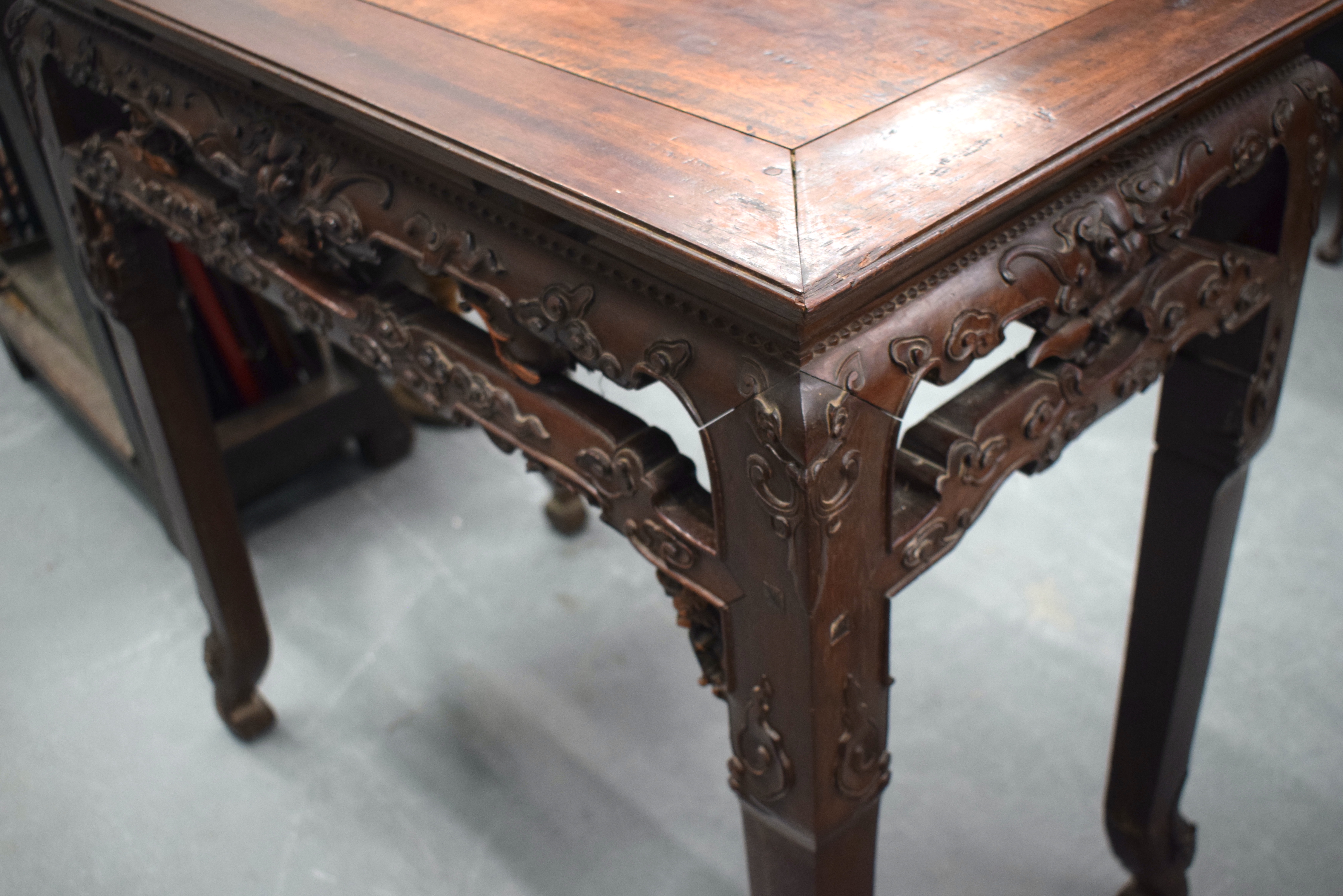 A FINE 19TH CENTURY CHINESE CARVED HONGMU HARDWOOD TABLE Qing, carved with mask heads and extensive - Image 8 of 8