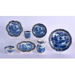 18th c. Caughley sparrow beak jug, spoon tray, teapot stand a trio and circular dish printed in blue