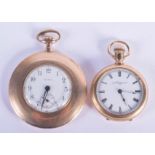 TWO ANTIQUE GOLD PLATED ELGIN WATCHES. Largest 4.75 cm diameter. (2)