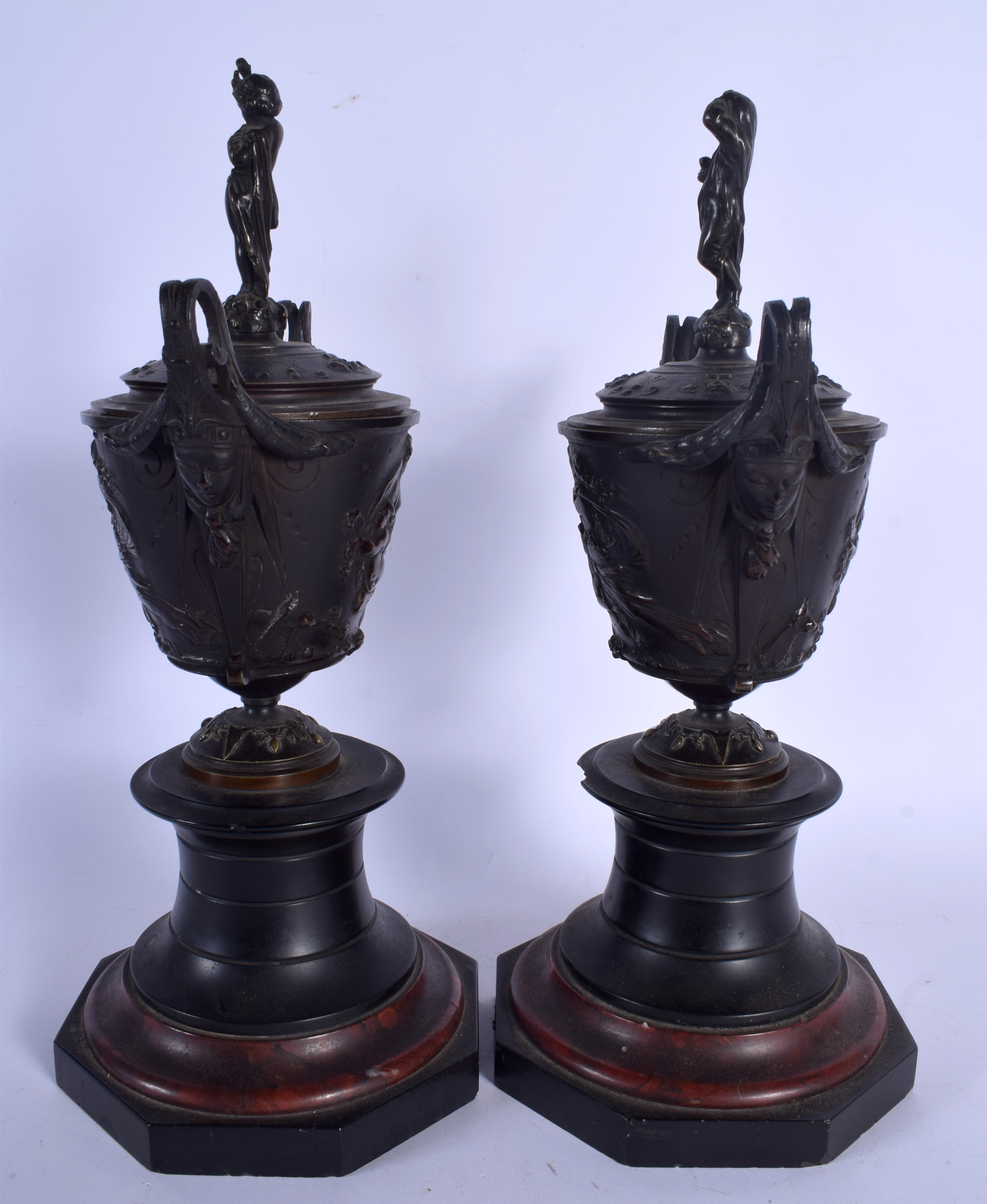 A PAIR OF 19TH CENTURY EUROPEAN GRAND TOUR BRONZES AND COVERS upon red and black marble bases. 34 cm - Image 2 of 6