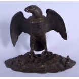 A 19TH CENTURY EUROPEAN PAINTED METAL HAWK INKWELL possibly bronze, modelled upon a naturalistic bas